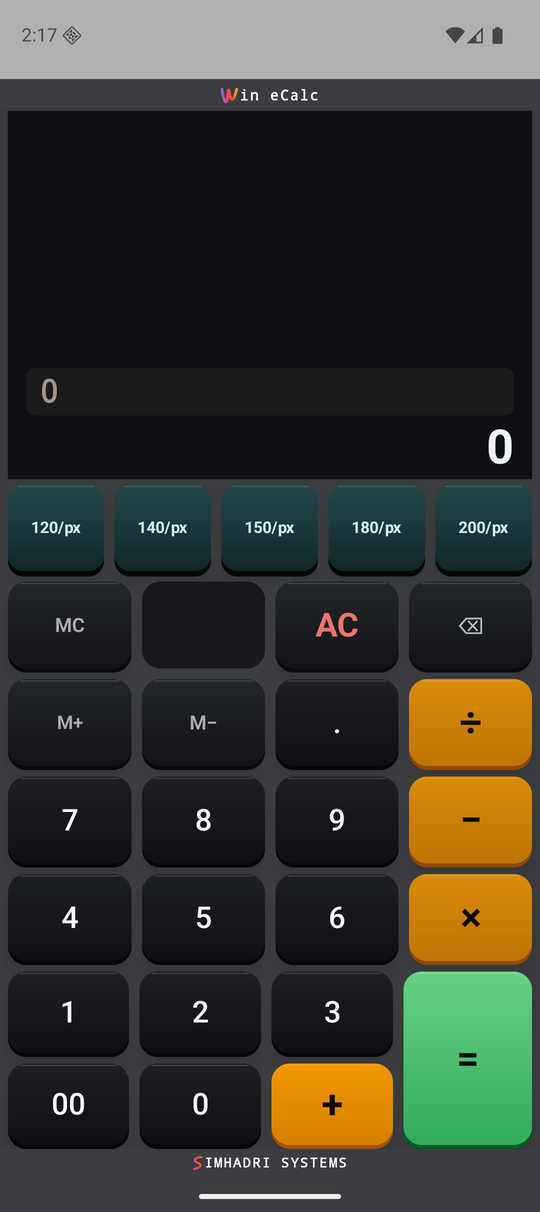 eCalc idle screen, showing the full keypad with pack-size keys
