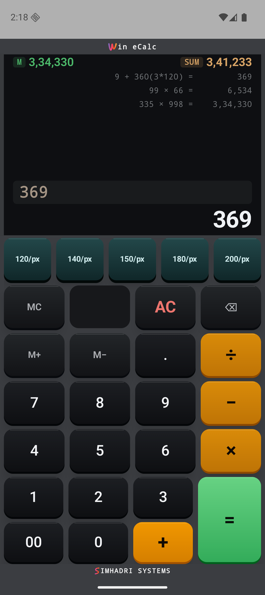 eCalc showing memory, running total, and transaction tape with a pack-size annotation