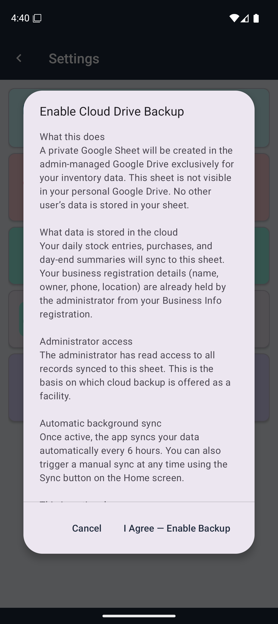 Drive Backup consent dialog