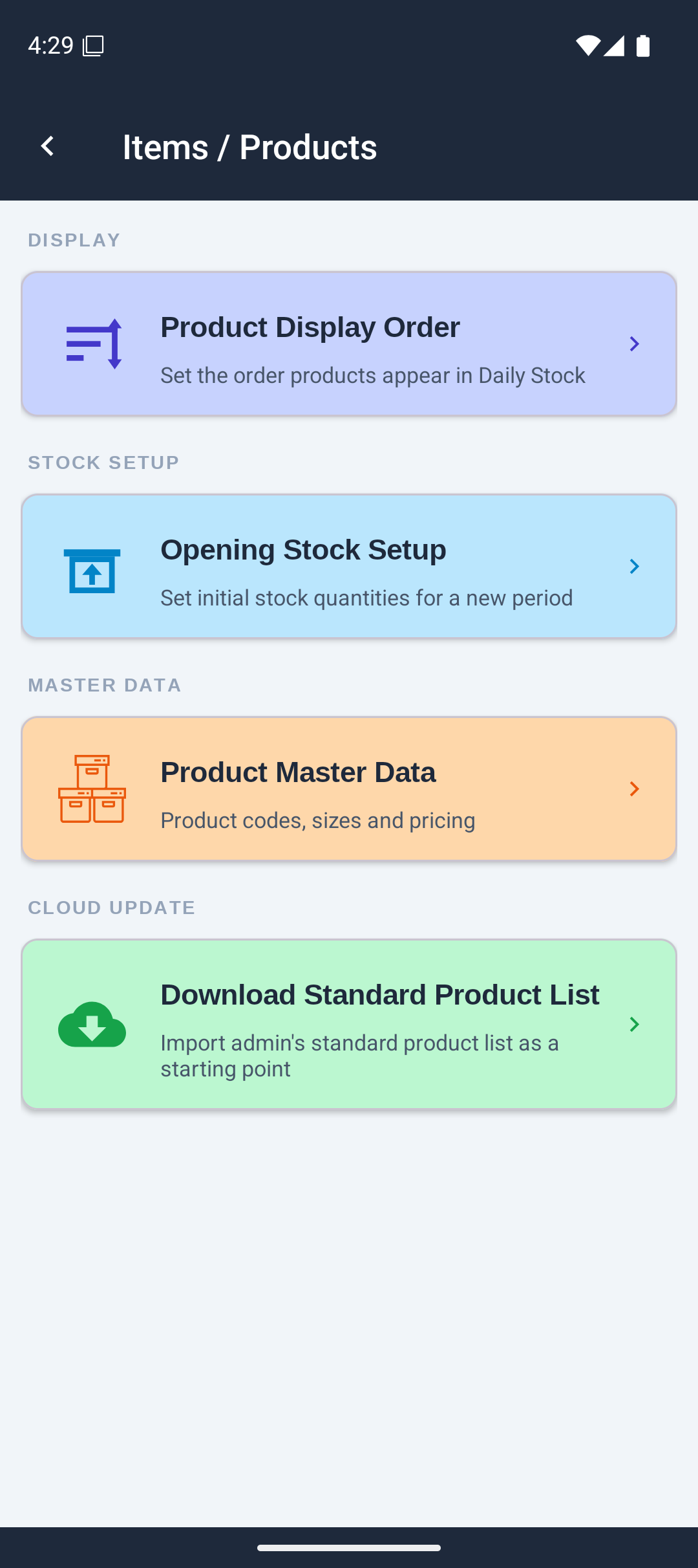 Products menu